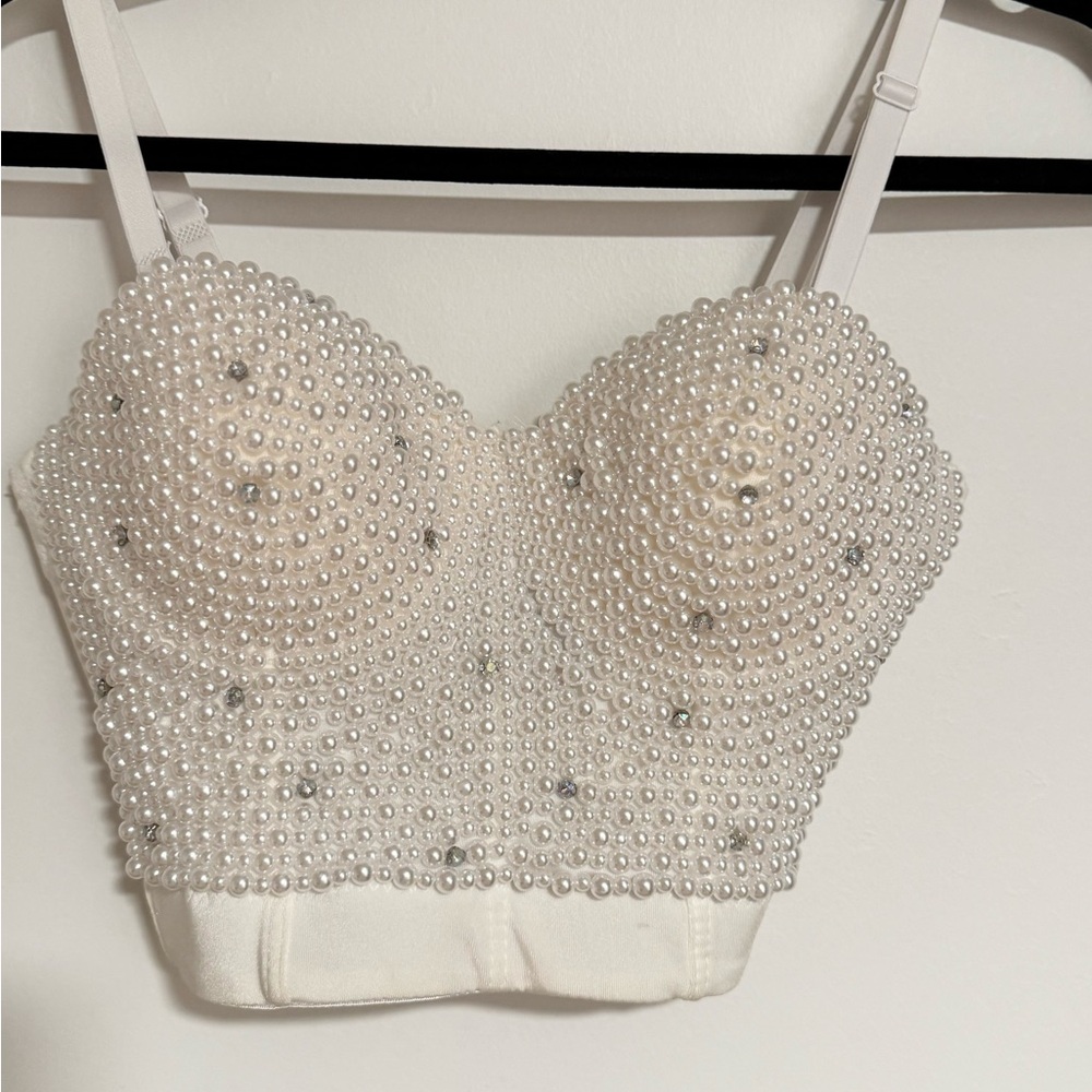 Windsor White Pearl-Studded Crop Top